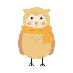 Cute owl with scarf, forest animal, vector illustration in flat style