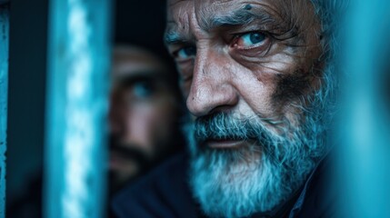 A bearded man with piercing blue eyes is behind bars, his expression filled with deep contemplation and sorrow, highlighting a powerful moment of reflection and confinement.