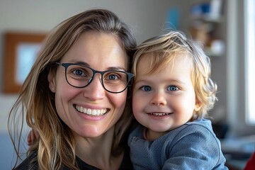 photo of a mother and child wearing glasses and smiling after their eye exam, highlighting the importance of family eye care and protection.