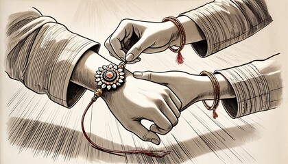 Watercolor illustration of hands tying a rakhi on wrist for raksha bandhan. 