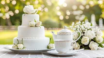 A beautifully decorated three-tiered wedding cake adorned with pearls and a floral accent, set outdoors in a serene garden