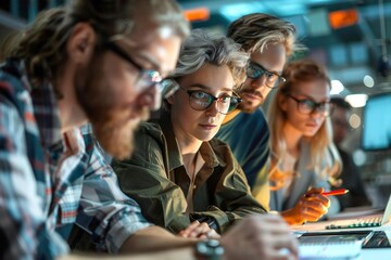 group of technology professionals collaborating in a modern office meeting, focusing on innovation and data in the digital age.