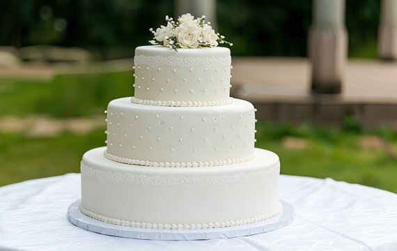 A beautifully decorated three-tiered wedding cake adorned with pearls and a floral accent, set outdoors in a serene garden
