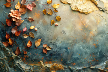 Obraz premium Autumn leaves and flowers on textured background, ideal for fall-themed projects and designs.