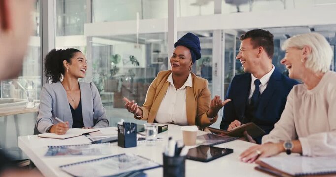 Woman, colleagues and boardroom or laughing with collaboration or diversity, brainstorming or documents. Financial employees, consultant and teamwork in office for planning, professional or funny