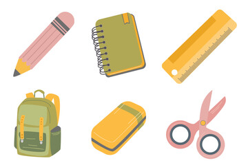 School supplies. pencil, notebook, ruler, eraser, backpack, scissors.