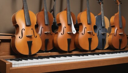 Fototapeta premium Ornate wooden violins gracefully displayed alongside sheet music in a warm studio setting