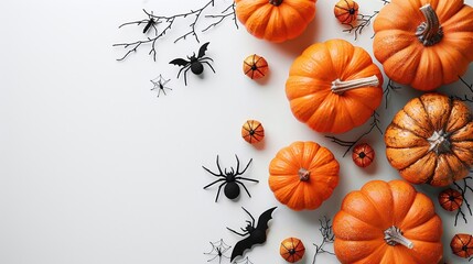 Halloween Flat Lay with Pumpkins, Spiders, Bats, and Nuts on White Background, High-Resolution Image for Seasonal, Festive, and Holiday Themes