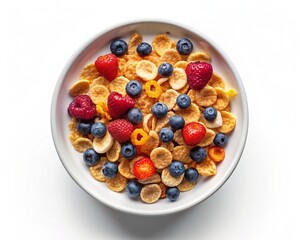 A bowl of cereal with blueberries, strawberries, and milk