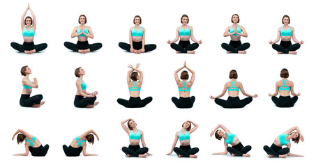 Healthy and active young woman in sportswear with different professional fitness posture set of yoga training session. Meditation yoga exercise on isolated background in gaiety full body length shot.