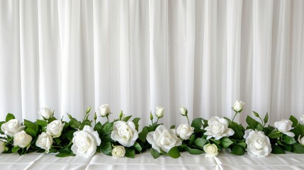 A beautifully arranged table adorned with white flowers and greenery, set against a subtle fabric backdrop, perfect for a wedding or special event