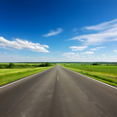 Fototapeta premium A Lone Achingly Empty Tarmac Road Cutting Through Vast Countryside Fields Under Clear Blue Sky: A Visual Metaphor for Solitude and Tranquillity