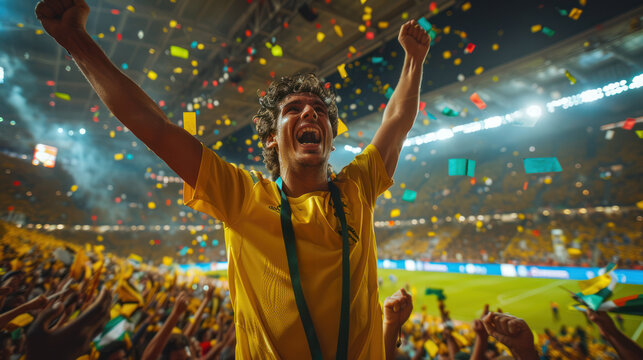 Joyful Soccer Fan Celebrating Victory - A passionate soccer fan in a yellow jersey, arms raised in celebration, enjoys a thrilling victory in a lively stadium filled with confetti.