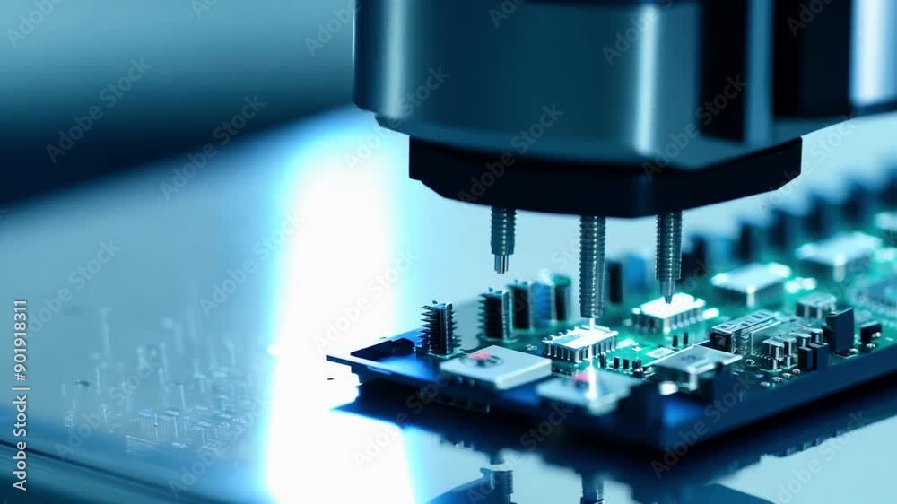 Poster an automated machine with multiple probes inspects a circuit board during the manufacturing process.