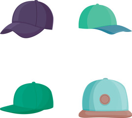Set of four baseball caps in various colors suitable for multiple design uses