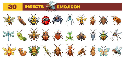 Set of vector Insects emoji, clipart, or icon. Cartoon style cute different all animals Insects in one icon bundle © Massivein2Passive