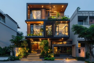 Beautiful modern house exterior with grass field Modern residential district