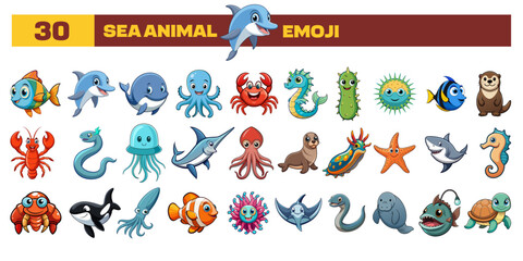 Naklejka premium Set of vector Sea animals emoji, clipart, or icon. Cartoon style cute different all Sea animals emojis in one icon bundle