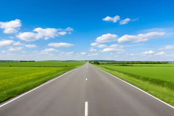 Fototapeta premium A Lone Achingly Empty Tarmac Road Cutting Through Vast Countryside Fields Under Clear Blue Sky: A Visual Metaphor for Solitude and Tranquillity