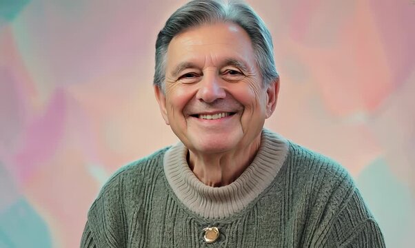 Medium shot portrait video of a grinning man in his 80s that is wearing a chic cardigan against a pastel or soft colors background