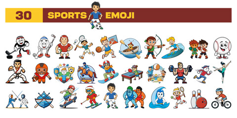 Set of vector Sports emoji, clipart, or icon. Cartoon style different all Sports emojis in one icon bundle