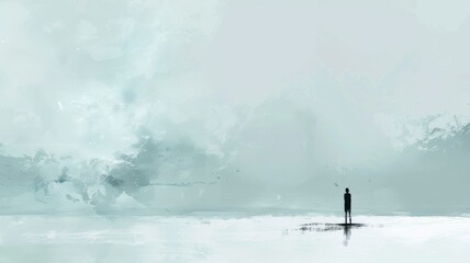 A Solitary Figure Standing on a Reflective Surface Amidst a Vast Cloudy Expanse