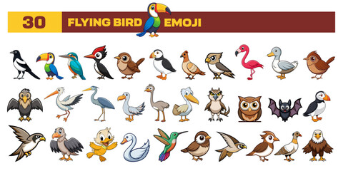 Set of vector Birds emoji, clipart, or icon. Cartoon style cute different all Birds emojis in one icon bundle