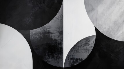 Abstract composition featuring interlocking monochrome geometric shapes with a modern aesthetic