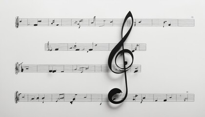 Intricate musical notes flowing across a white background with a bold treble clef design