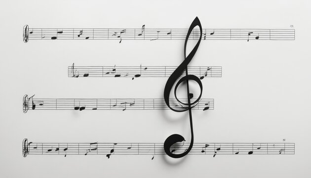 Intricate musical notes flowing across a white background with a bold treble clef design