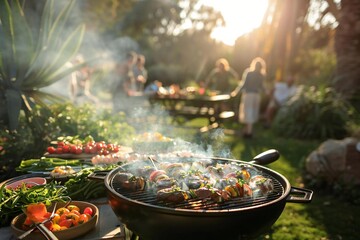 vibrant photo of friends and family gathered around a grill in a sunny garden, enjoying a summer BBQ picnic filled with delicious food and laughter.