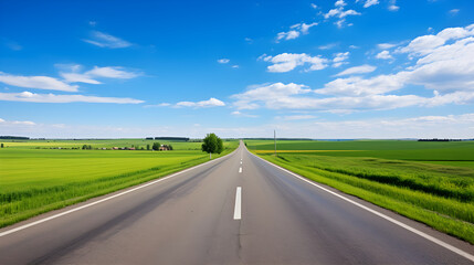 Fototapeta premium A Lone Achingly Empty Tarmac Road Cutting Through Vast Countryside Fields Under Clear Blue Sky: A Visual Metaphor for Solitude and Tranquillity