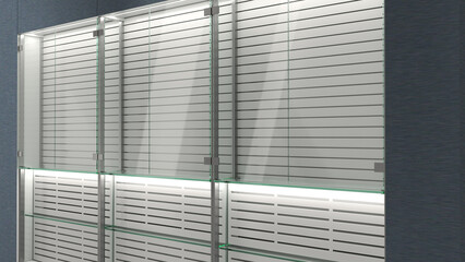 Side view of slatwall glass retail display cabinet. 3d illustration