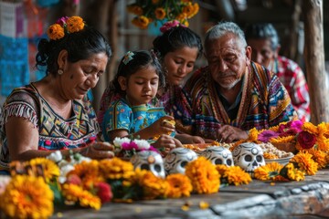 Fototapeta premium Latin family preparing day of the dead offering with sugar skulls