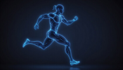Obraz premium Blue glowing wireframe of an athlete running, a digital concept for sports training & exercise health care or fitness activity in the style of technology created with Generative AI