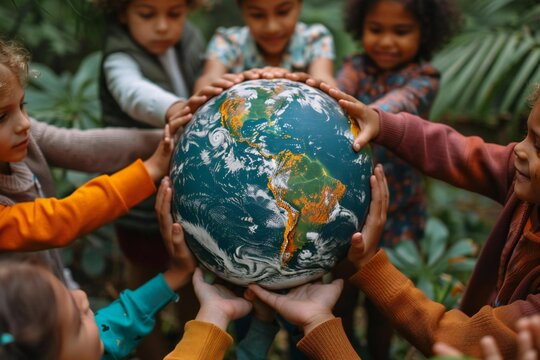 diverse group of children holding hands around a globe, symbolizing unity and sustainability for Earth Day. - Powered by Adobe