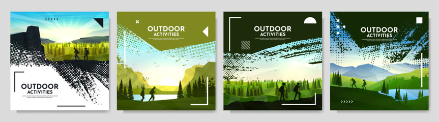 Vector illustration. Travel concept of discovering, exploring and observing nature. Hiking. Adventure tourism background with brush stroke smear overlay, halftone dots and memphis pattern elements