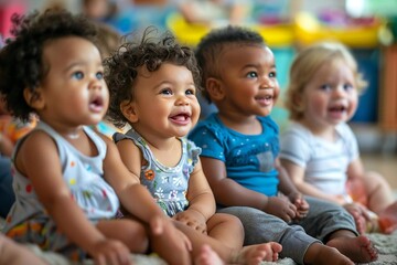 group of toddler kids from different cultural backgrounds sitting together and smiling.