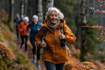 photo of a senior woman jogging through a forest trail with friends, showcasing health and fitness.