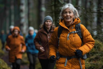 Fototapeta premium photo of a senior woman jogging through a forest trail with friends, showcasing health and fitness.