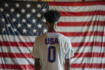 Fototapeta premium The back of the soccer player stands in front of an American flag with 
