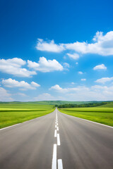 Fototapeta premium A Lone Achingly Empty Tarmac Road Cutting Through Vast Countryside Fields Under Clear Blue Sky: A Visual Metaphor for Solitude and Tranquillity