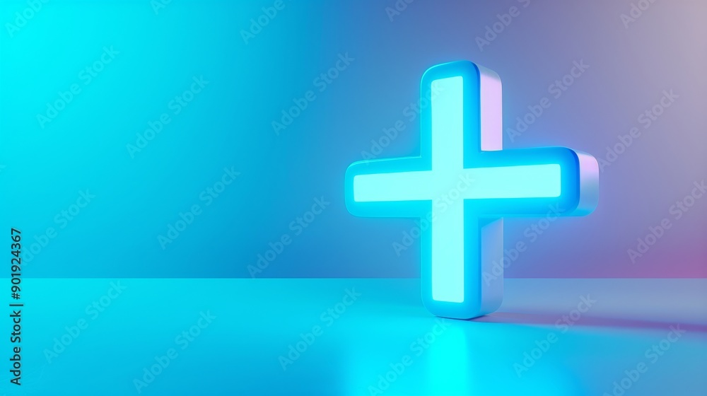 Poster illuminated 3d plus sign on blue gradient background