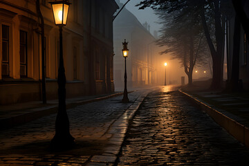Fototapeta premium Midnight's Embrace - An Eerie, Deserted Cobblestone Street Under a Dim Street Lamp
