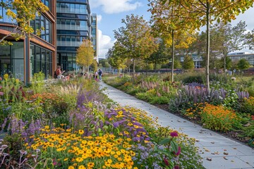 vibrant city park photo shoot showcasing the colorful biodiversity of urban nature, with people enjoying picnics and strolls amidst modern architecture and sustainable technologies.