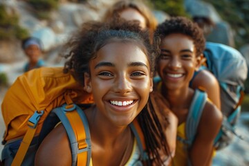 group of teenagers laughing and embracing each other while taking a break from hiking in the great outdoors during summer, showcasing their active and social lifestyle.