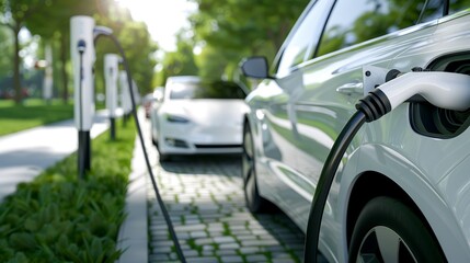 An electric car charging station with several vehicles plugged in, located in a lush, green urban park