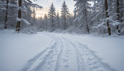 Obraz premium Enchanting winter pathway through a snow-covered forest at dusk