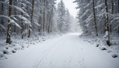 Fototapeta premium Tranquil winter wonderland path through snow-covered forest under soft gray skies