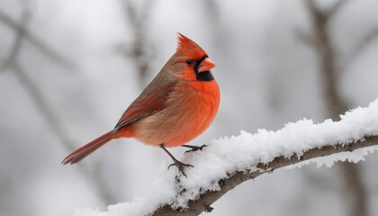 A vibrant scarlet cardinal perched gracefully on a snow-covered branch in winter wonderland